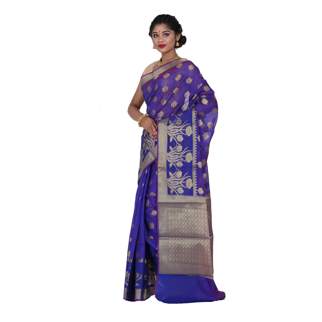 Dark Blue Color Chanderi Silk Saree with all over golden buta highlighted zari  work with Border