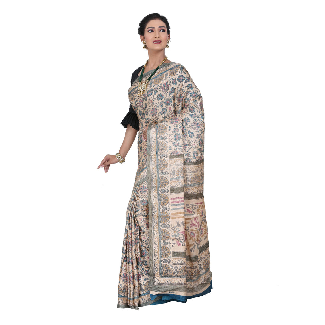 Beige Color Printed Ghicha Silk Saree with all over Multicolor Designer printed sari