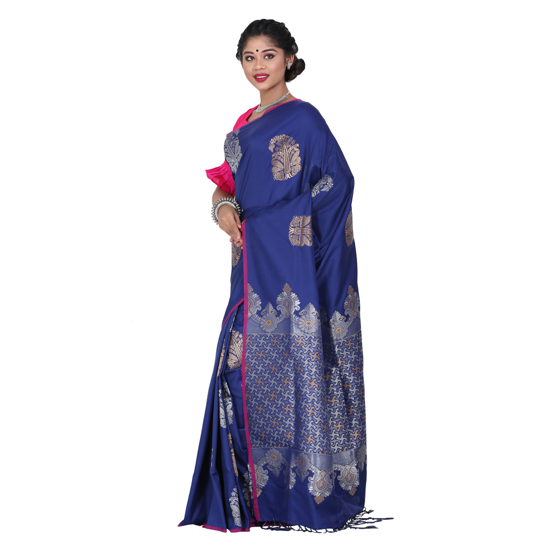 Blue Color Sana Silk Saree with highlighted all over Silver motif and Pallu