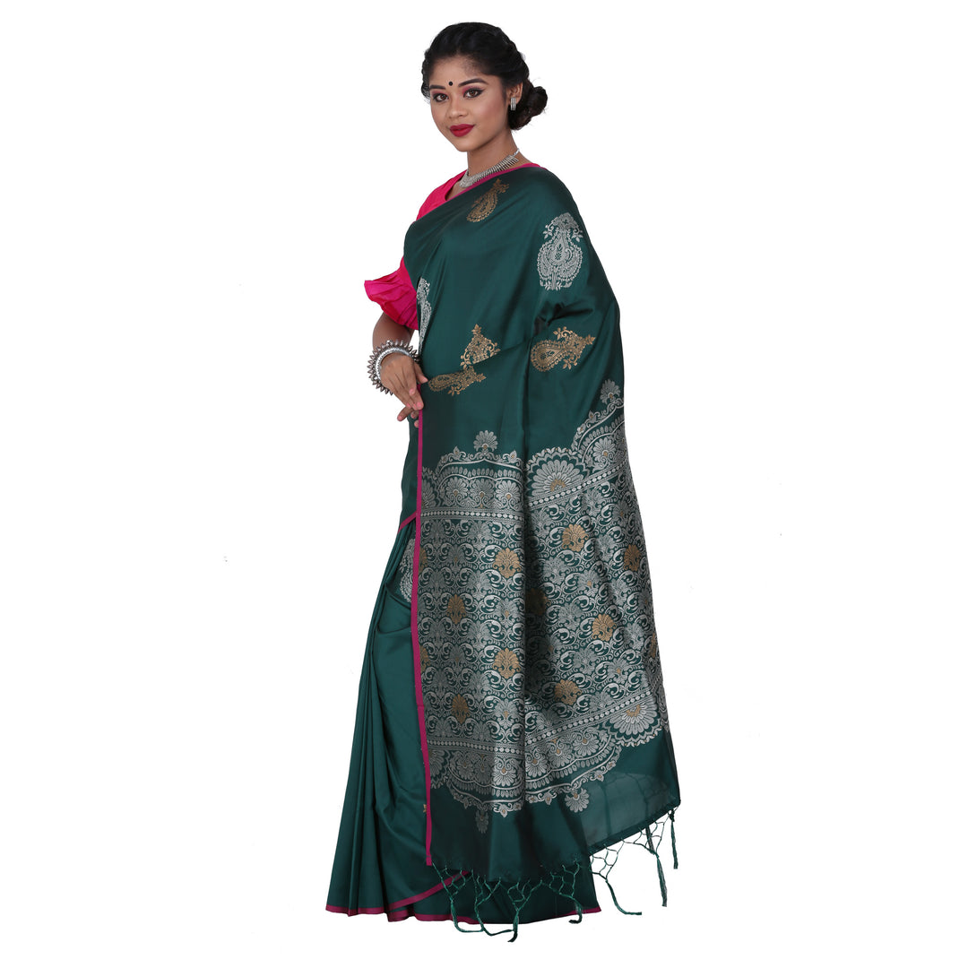Green Color Sana Silk Saree with highlighted all over Silver motif and Pallu - Keya Seth Exclusive