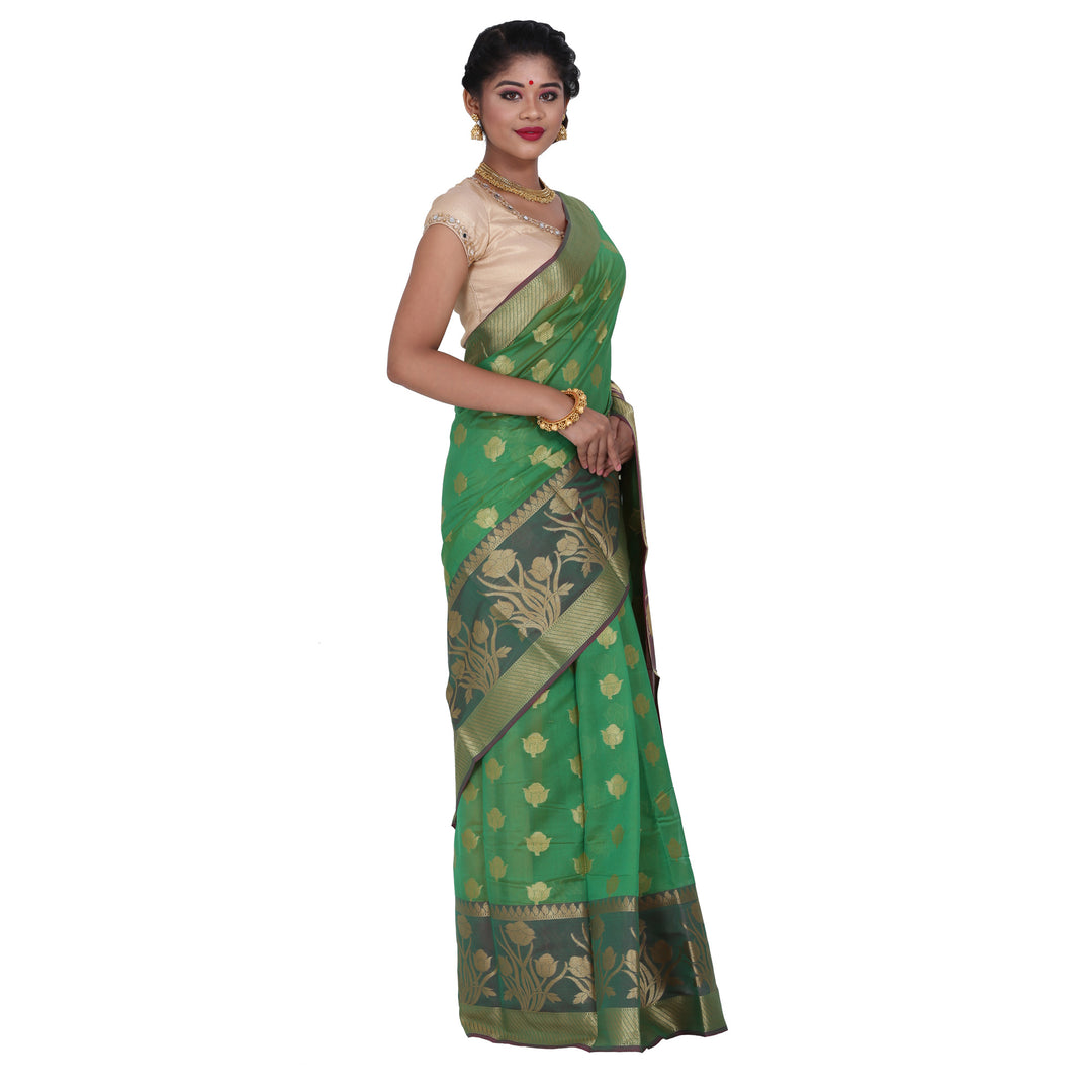 Green Color Chanderi Silk Saree with all over golden buta highlighted zari  work with Border