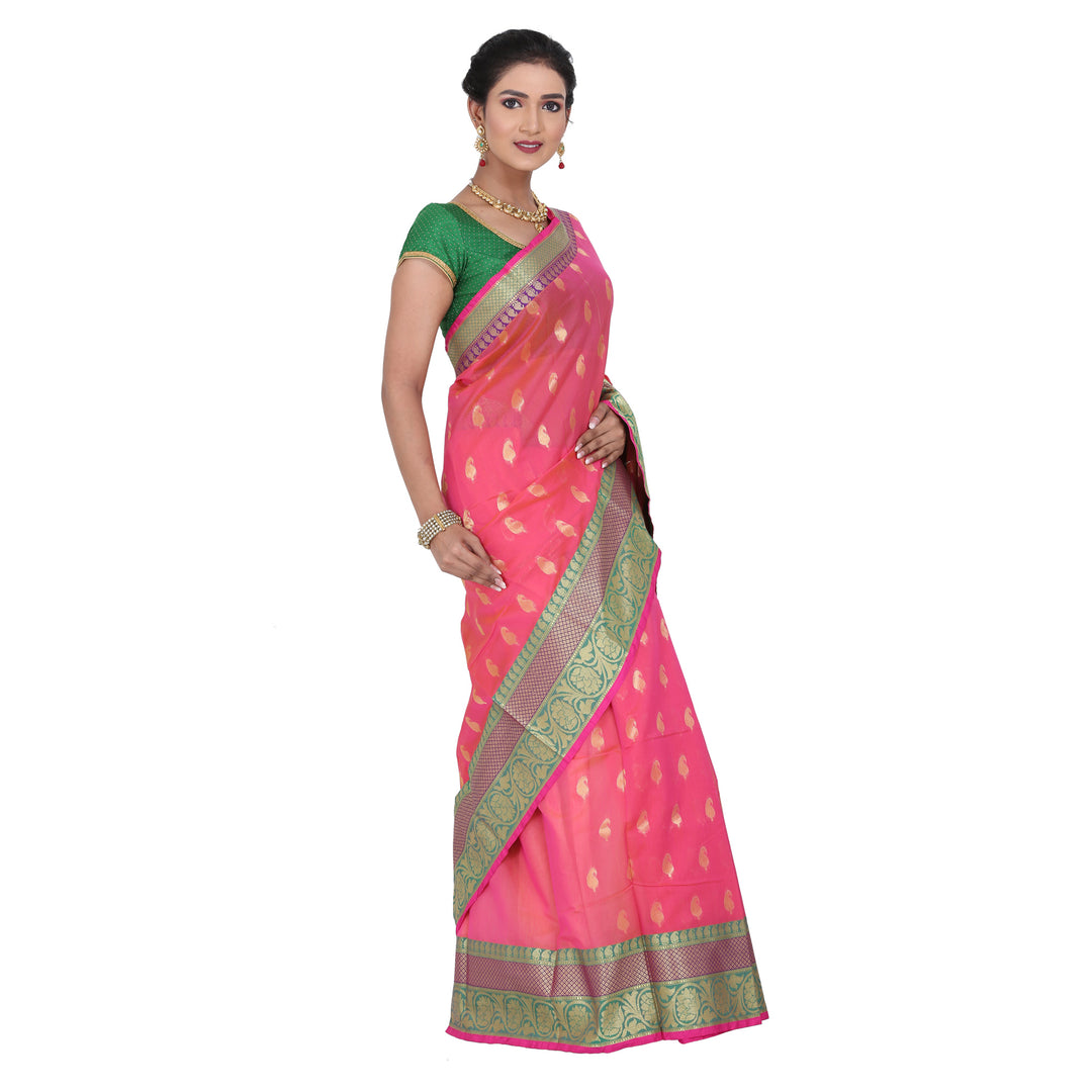 Pink Color Chanderi Silk Saree with all over golden buta highlighted zari  work with Border - Keya Seth Exclusive