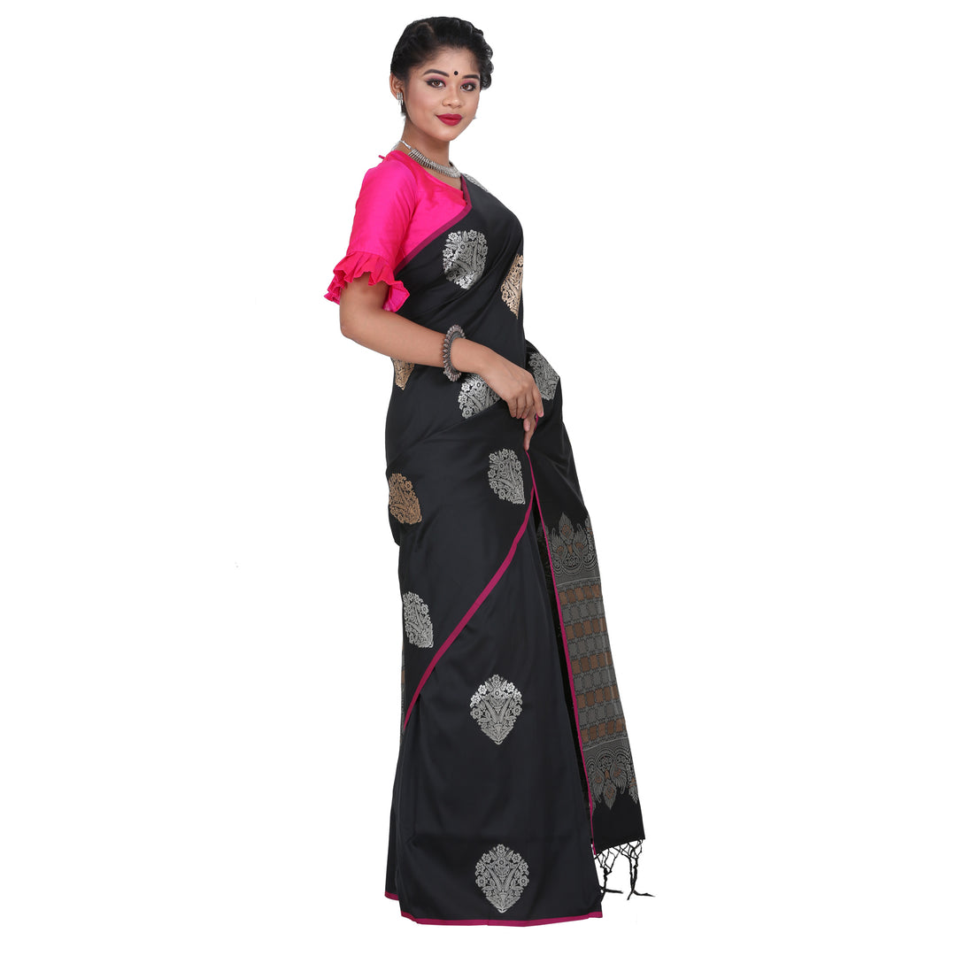 Black Color Sana Silk Saree with highlighted all over Silver motif and Pallu