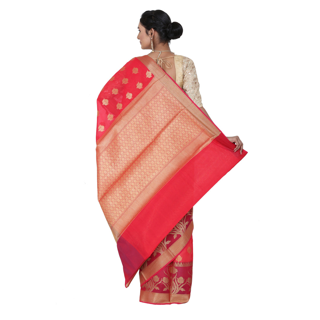 Red Color Chanderi Silk Saree with all over golden buta highlighted zari  work with Border