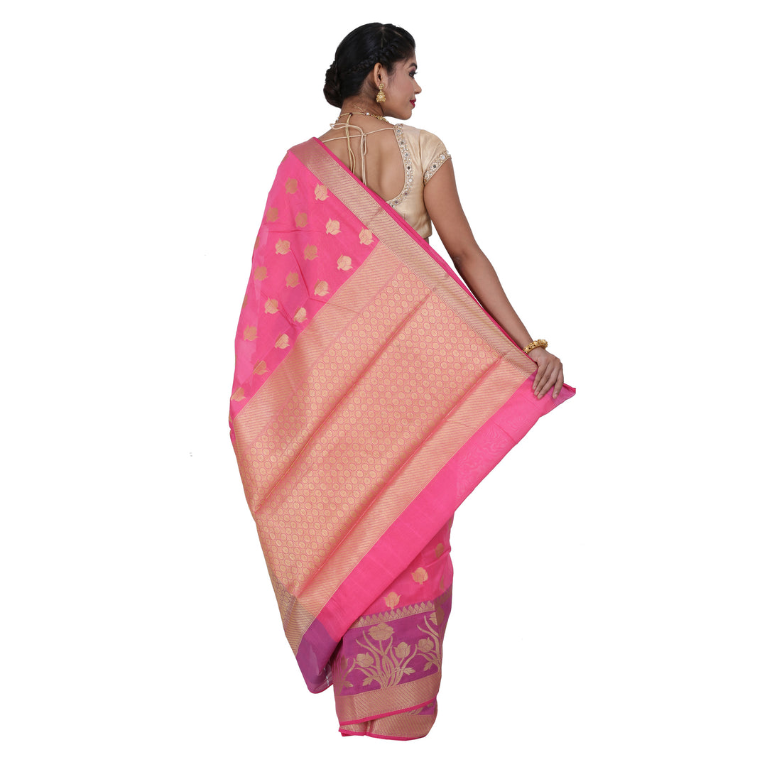 Pink Color Chanderi Silk Saree with all over golden buta highlighted zari  work with Border