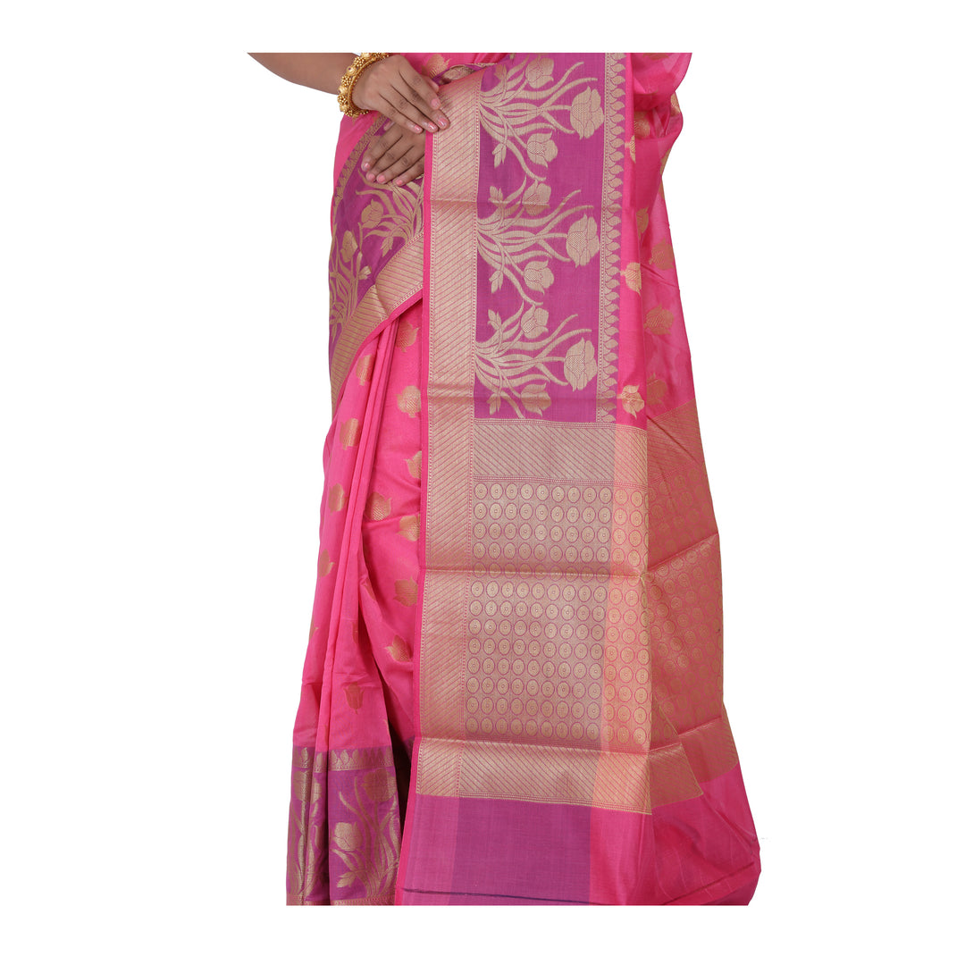 Pink Color Chanderi Silk Saree with all over golden buta highlighted zari  work with Border