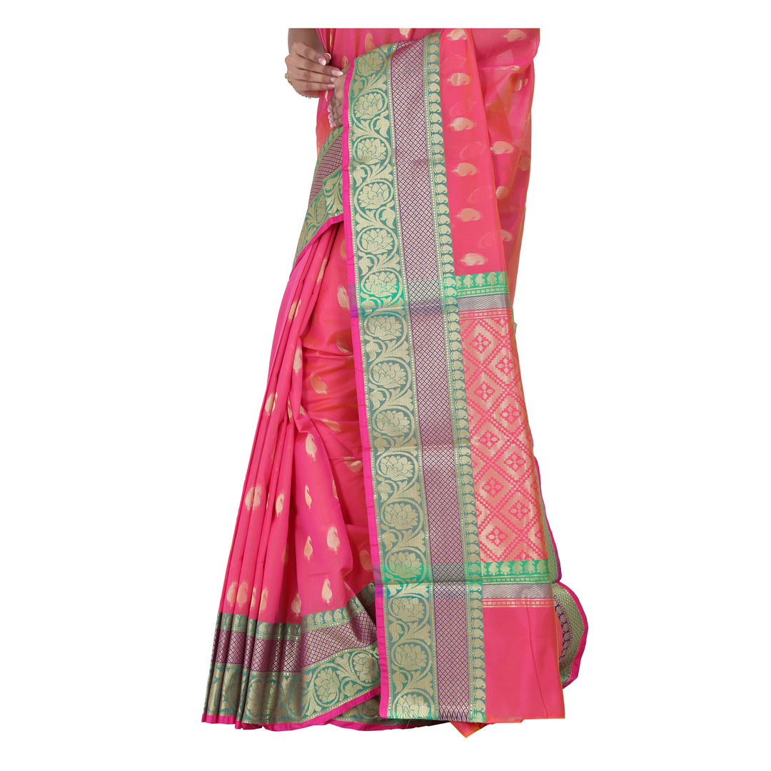 Pink Color Chanderi Silk Saree with all over golden buta highlighted zari  work with Border - Keya Seth Exclusive