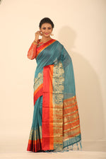 Load image into Gallery viewer, BLUE COLOUR CHANDERI SILK SAREE WITH MULTILAYERED SATIN BORDER - Keya Seth Exclusive