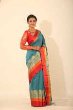 Load image into Gallery viewer, BLUE COLOUR CHANDERI SILK SAREE WITH MULTILAYERED SATIN BORDER - Keya Seth Exclusive