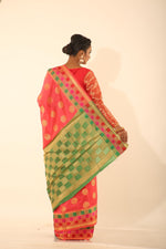 Load image into Gallery viewer, PEACH COLOUR EPICAL SILK SAREE WITH CONTRASTING MULTICOLORED HIGHLIGHT - Keya Seth Exclusive