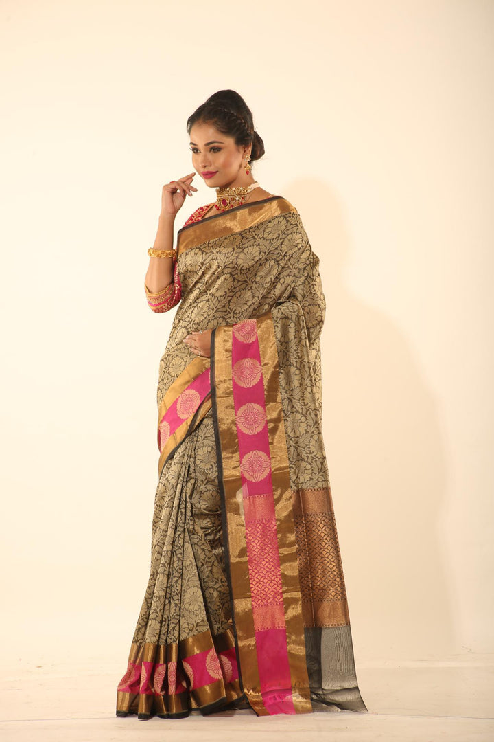 BLACK COLOUR EPICAL SILK WITH ALL OVER SELF WEAVING - Keya Seth Exclusive