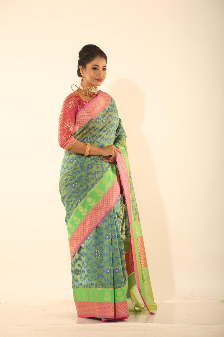 GREEN COLOUR EPICAL SILK WITH ALL OVER SELF WEAVING - Keya Seth Exclusive