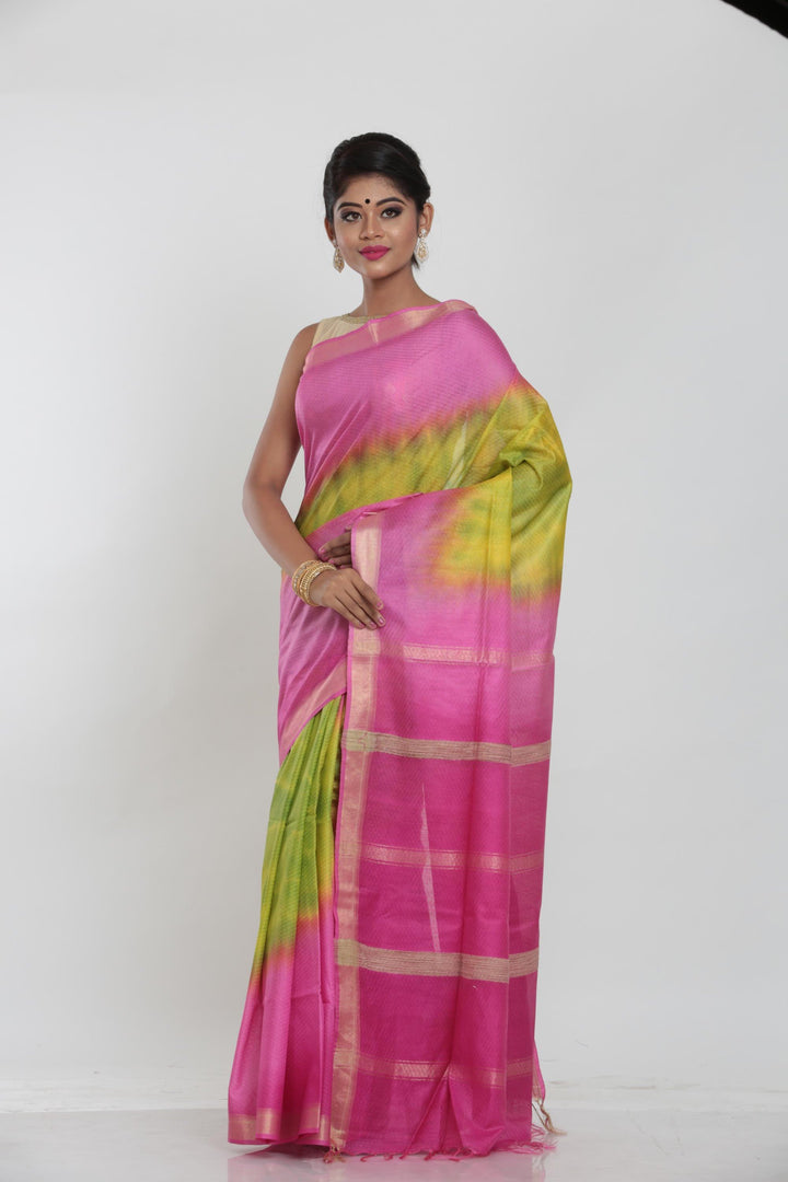 GREEN COLOUR MUGA HANDLOOM SAREE WITH CONTRASTING TIE AND DIE EFFECT - Keya Seth Exclusive