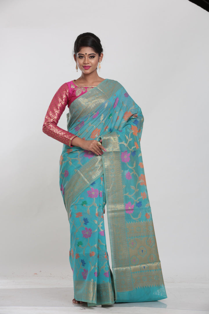 GREEN COLOUR CHANDERI SILK SAREE WITH ALL OVER FLORAL WEAVING - Keya Seth Exclusive