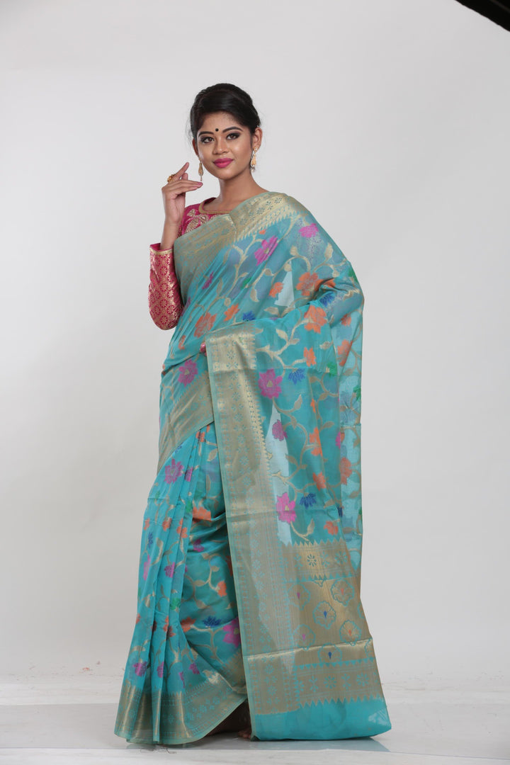 GREEN COLOUR CHANDERI SILK SAREE WITH ALL OVER FLORAL WEAVING - Keya Seth Exclusive