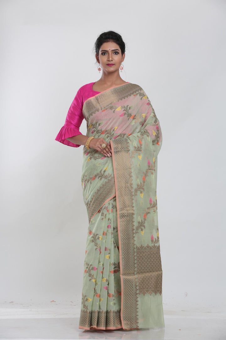 MINAKARI GREEN COLOUR COTTON CHANDERI  SAREE WITH ALL OVER FLORAL WEAVING - Keya Seth Exclusive