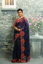 Load image into Gallery viewer, BLUE COLOUR NET EMBROIDERED FANCY SAREE