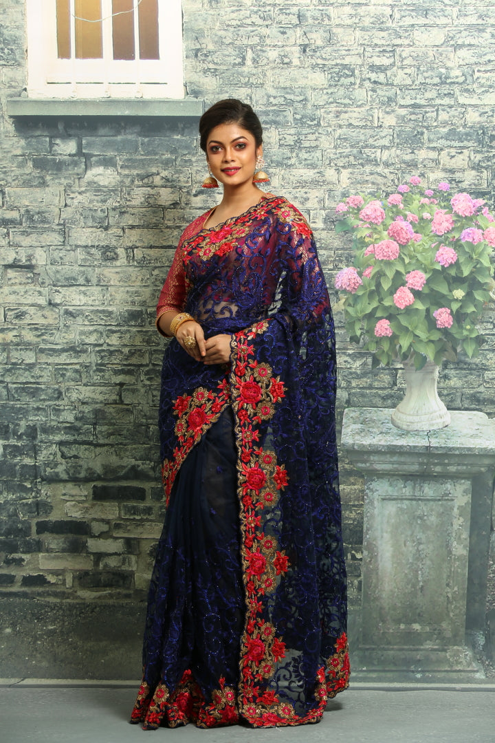 BLUE COLOUR NET EMBROIDERED FANCY SAREE
