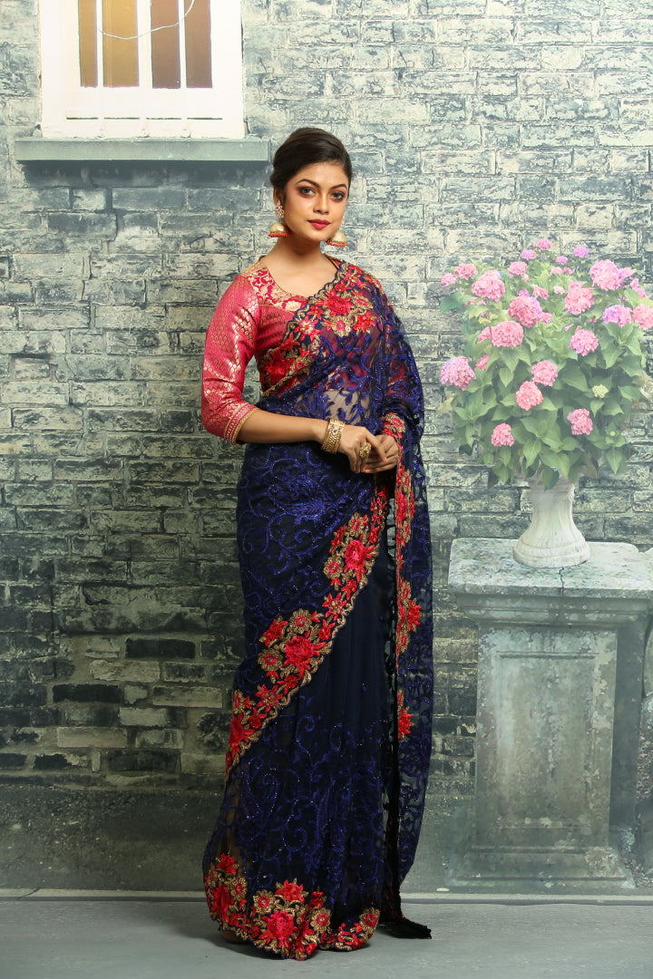 BLUE COLOUR NET EMBROIDERED FANCY SAREE