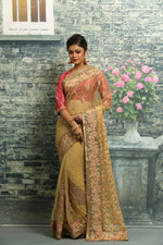 Load image into Gallery viewer, GOLDEN COLOUR NET EMBROIDERED FANCY SAREE