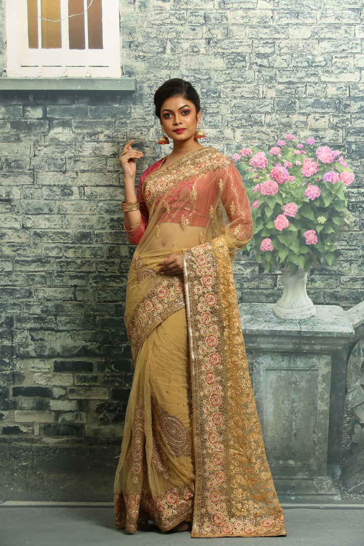 GOLDEN COLOUR NET EMBROIDERED FANCY SAREE