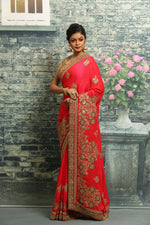 Load image into Gallery viewer, ORANGE COLOUR SILK FANCY SAREE WITH ALL OVER HAND EMBROIDERY HIGHLIGHT