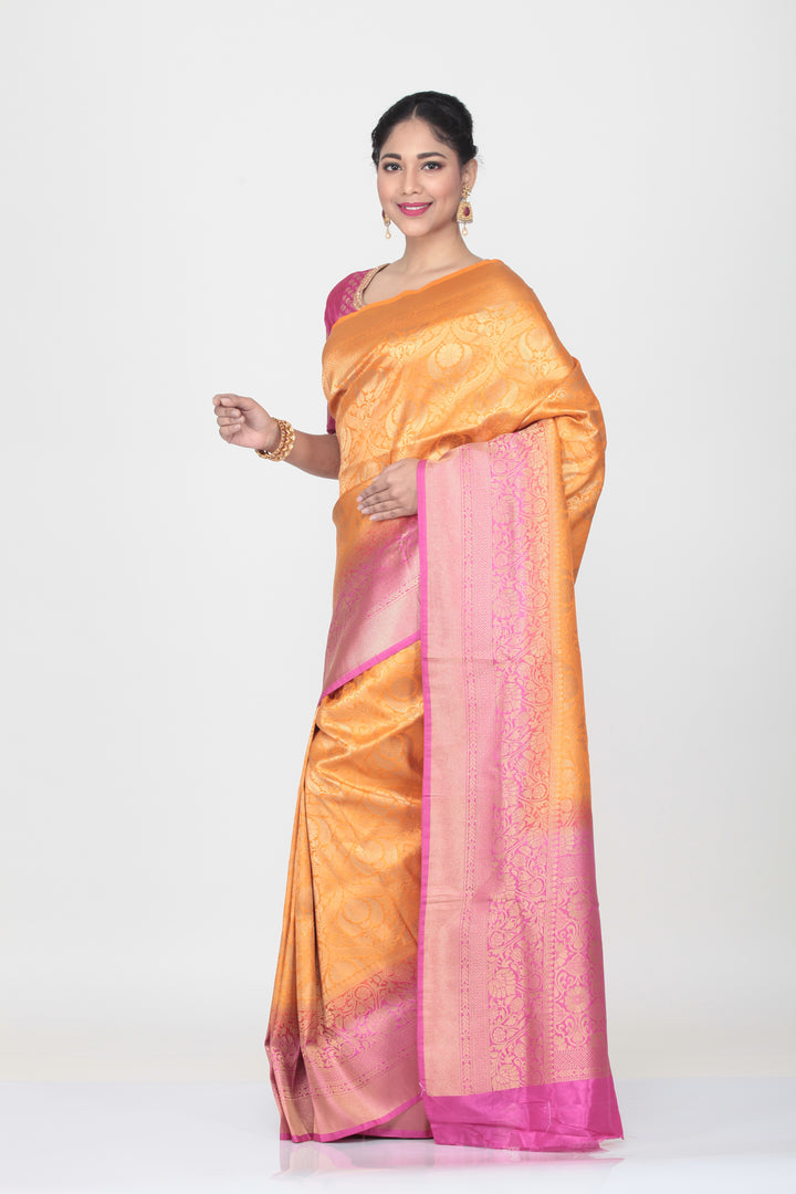 ORANGE COLOUR SHADED LIGHT WEIGHT  SILK SAREE WITH ALL OVER SELF WEAVING