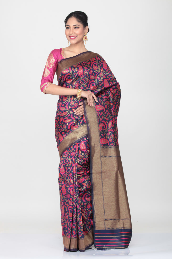 GREY COLOUR GHICHA SILK SAREE WITH ALL OVER CONTRASTING FLORAL WEAVING