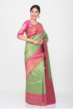 Load image into Gallery viewer, GREEN COLOUR BUTA SILK SAREE WITH CONTRASTING BORDER AND PALLU