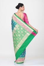 Load image into Gallery viewer, BLUE COLOUR OPARA KATAN SILK SAREE WITH CONTRASTING MULTICOLOURED BORDER AND PALLU