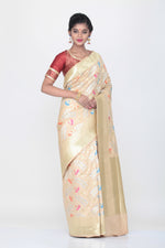 Load image into Gallery viewer, BEIGE COLOUR OPARA KATAN SILK SAREE WITH CONTRASTING ALL OVER MINAKARI WORK