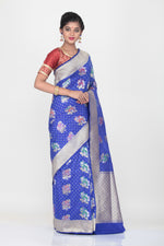 Load image into Gallery viewer, BLUE COLOUR OPARA KATAN SILK SAREE WITH ALL OVER MULTICOLORED FLORAL WEAVING