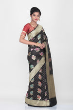 Load image into Gallery viewer, BLACK COLOUR OPARA KATAN SILK SAREE WITH ALL OVER MULTICOLORED FLORAL WEAVING