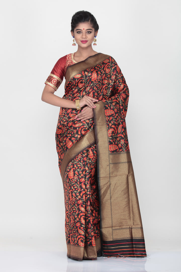 BLACK COLOUR GHICHA SILK SAREE WITH ALL OVER CONTRASTING FLORAL WEAVING