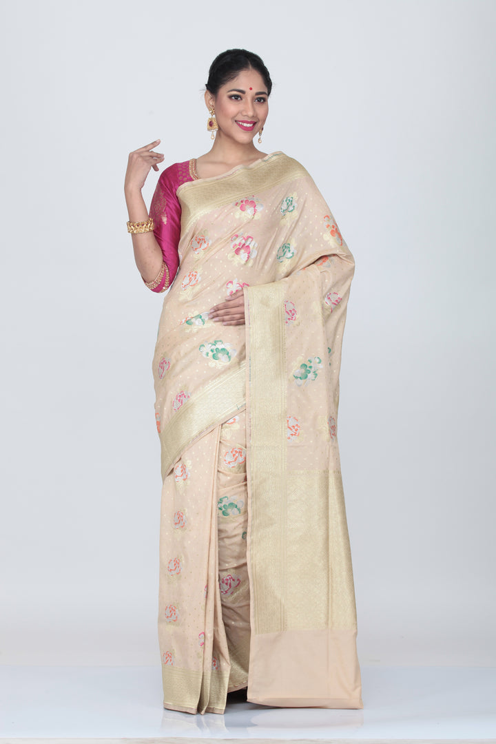 BEIGE COLOUR OPARA KATAN SILK SAREE WITH ALL OVER  MULTICOLORED FLORAL WEAVING