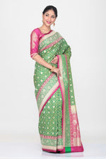 Load image into Gallery viewer, GREEN COLOUR OPARA KATAN SILK SAREEWITH CONTRASTING PLLU AND BORDER