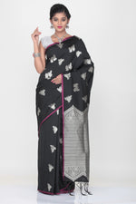 Load image into Gallery viewer, BLACK COLOUR LIGHT WEIGT SILK SAREE WITH HIGHLIGHTED SILVER MOTIF AND PALLU