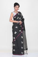 Load image into Gallery viewer, BLACK COLOUR LIGHT WEIGT SILK SAREE WITH HIGHLIGHTED SILVER MOTIF AND PALLU