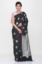Load image into Gallery viewer, BLACK COLOUR LIGHT WEIGHT SILK SAREE WITH HIGHLIGHTED SILVER MOTIF AND BORDER