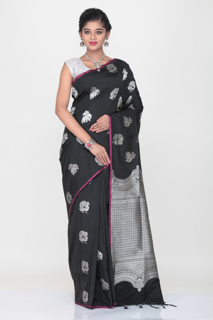BLACK COLOUR LIGHT WEIGHT SILK SAREE WITH HIGHLIGHTED SILVER MOTIF AND BORDER