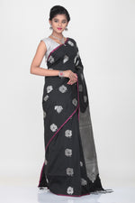Load image into Gallery viewer, BLACK COLOUR LIGHT WEIGHT SILK SAREE WITH HIGHLIGHTED SILVER MOTIF AND BORDER