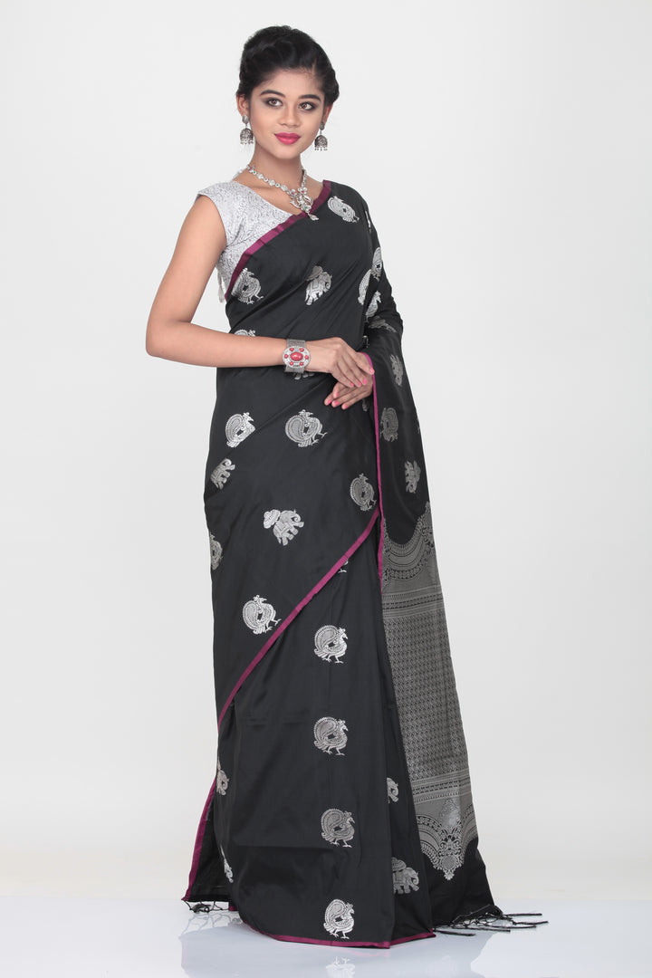 BLACK COLOUR LIGHT WEIGHT SILK SAREE WITH HIGHLIGHTED SILVER MOTIF AND BORDER