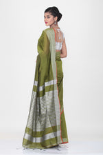 Load image into Gallery viewer, GREEN COLOUR HANDLOOM SAREE WITH CONTRASTING SILVER BORDER AND PALLU