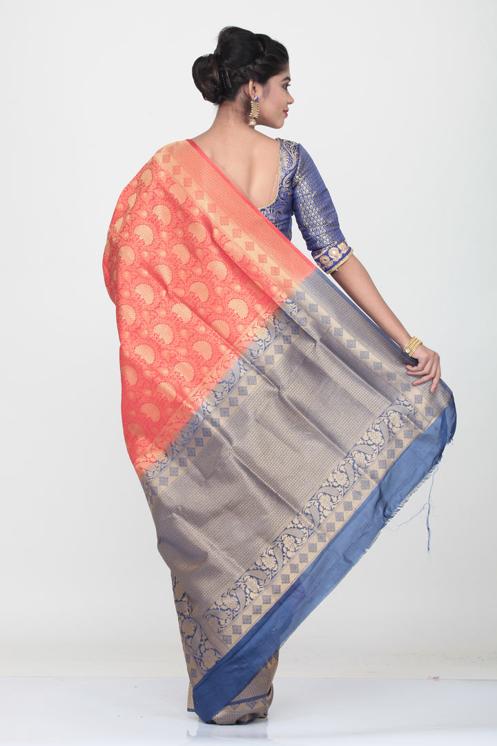 PEACH COLOUR SHADED LIGHT WEIGHT  SILK SAREE WITH ALL OVER SELF WEAVING