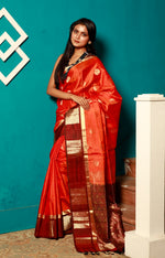 Load image into Gallery viewer, Orange Color Base Pure Bangalore Silk Saree With Golden Zari Work